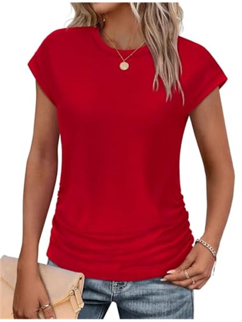 Red Ruched Side Cap Sleeve Top Crew Neck Casual Summer T-Shirt